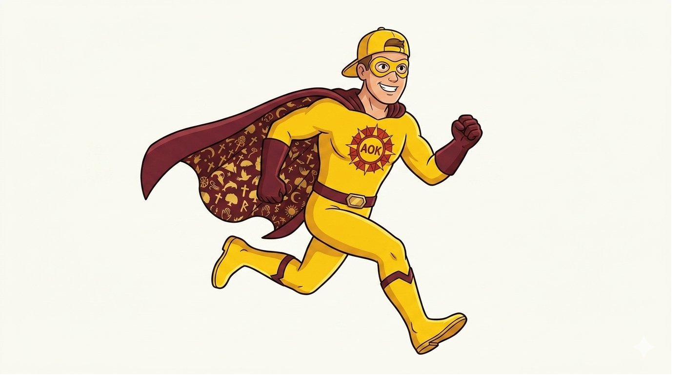 AOK Man in cartoon form, cape flying, mid-stride