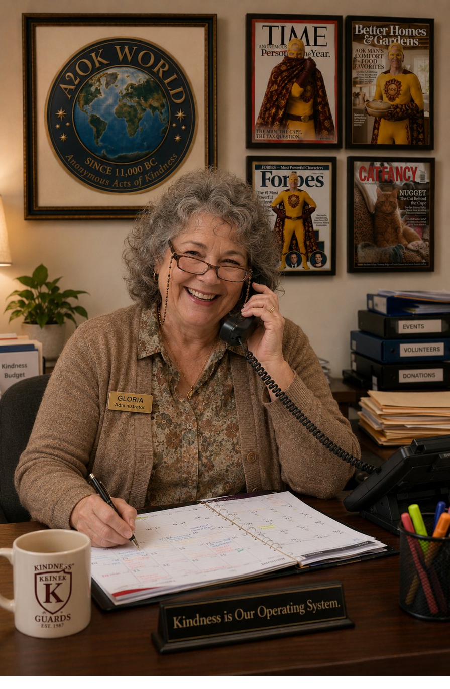 Gloria at her desk — corded phone, planner, the K mug, AOK World covers framed behind her