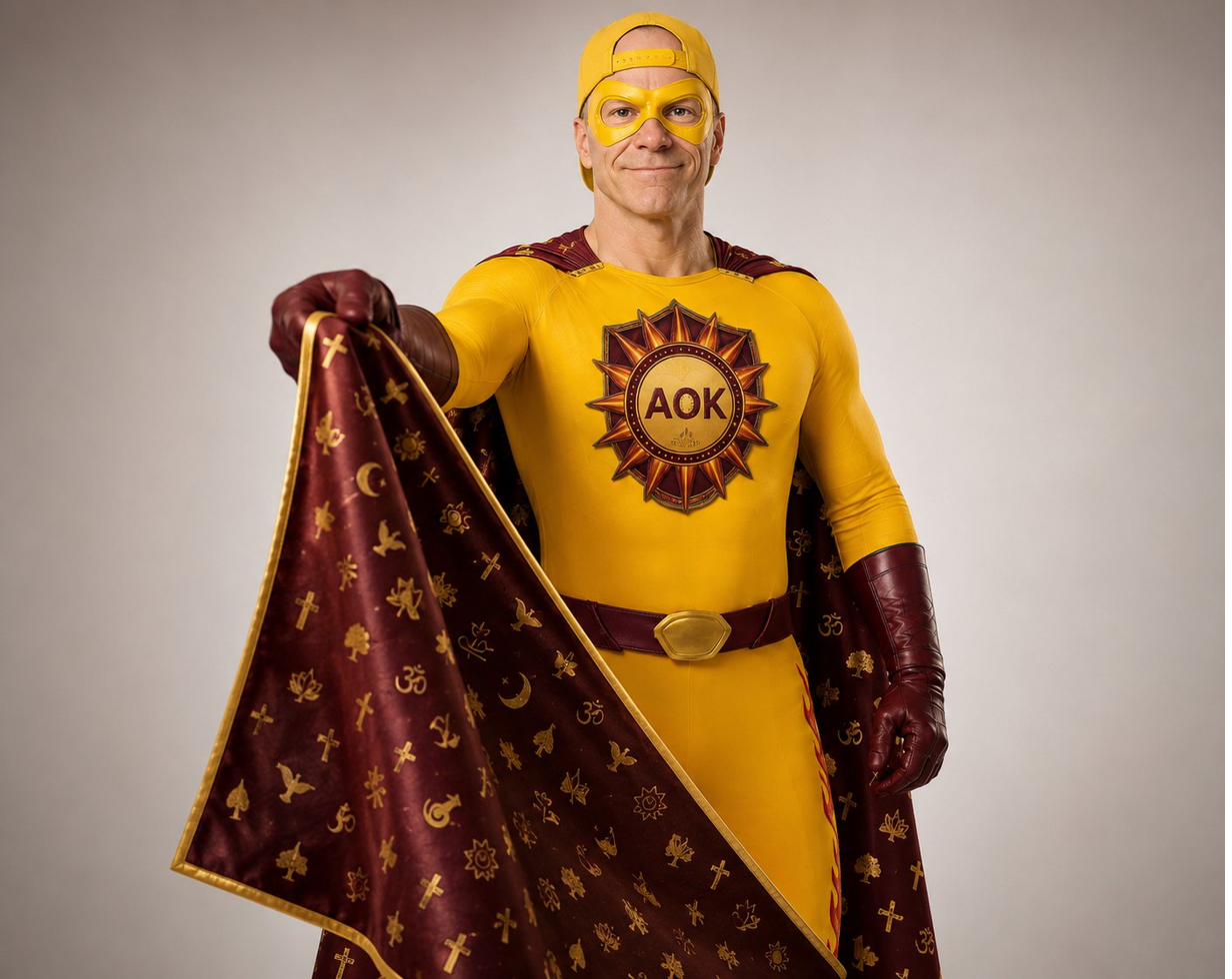 AOK Man holding the cape open toward you — your turn