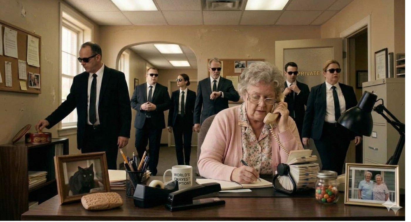 Phyllis working at the Kindness Guards office