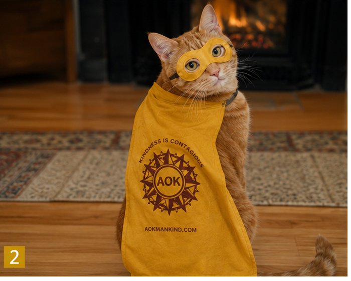 Nugget in his eye-mask and yellow Kindness Is Contagious cape by the fireplace