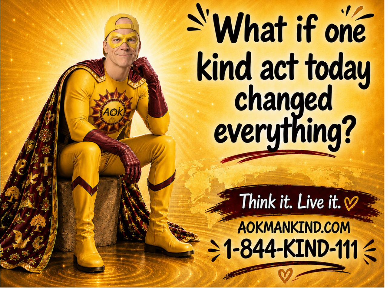 AOK Man kneeling, thoughtful — 'What if one kind act today changed everything?'