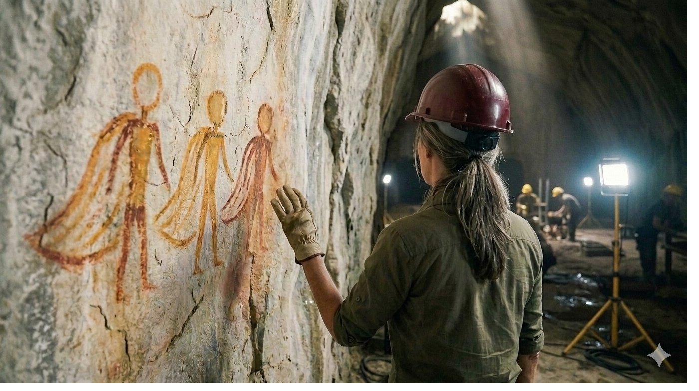A drawing reviewed by Dr. Voss — a caped figure from eleven thousand years ago