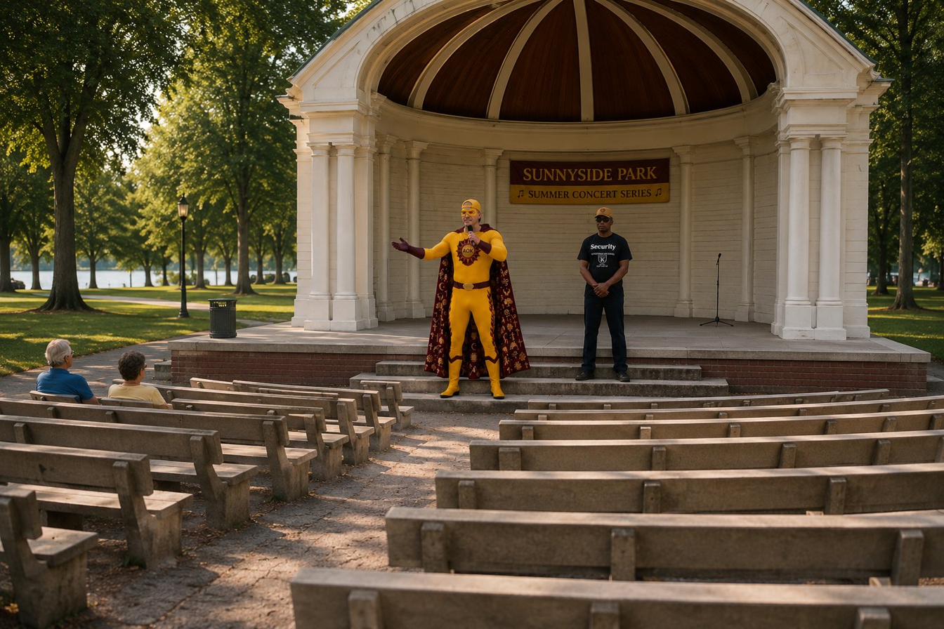 AOK Man on the bandstand steps, arms spread to a near-empty lawn, a Kindness Guard beside him