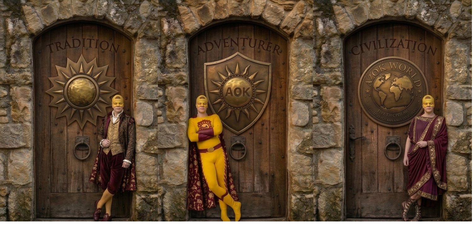 Three ancient stone-arched wooden doors of the civilization. The Tradition (with a brass sun), The Adventurer (with the AOK shield), and The Civilization (with the A²OK World globe). Each door is attended by a different version of the same man — a colonial-era figure at the Tradition, the modern AOK Man at the Adventurer, and a toga-clad figure at the Civilization.
