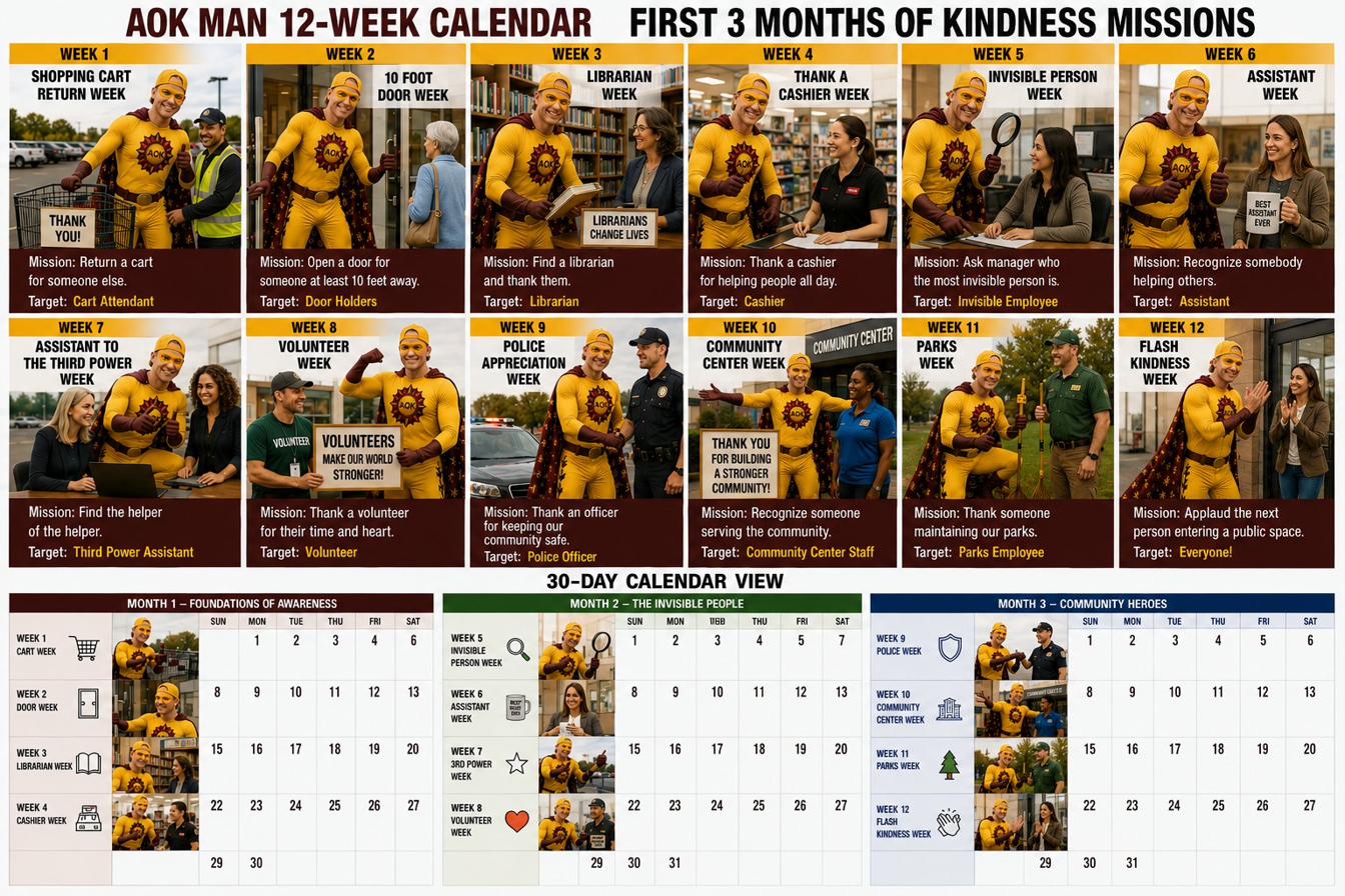AOK Man 12-Week Calendar — first three months of kindness missions: Cart Return, 10-Foot Door, Librarian, Cashier, Invisible Person, Assistant, Third-Power Assistant, Volunteer, Police Appreciation, Community Center, Parks, Flash Kindness weeks — with a 30-day calendar view