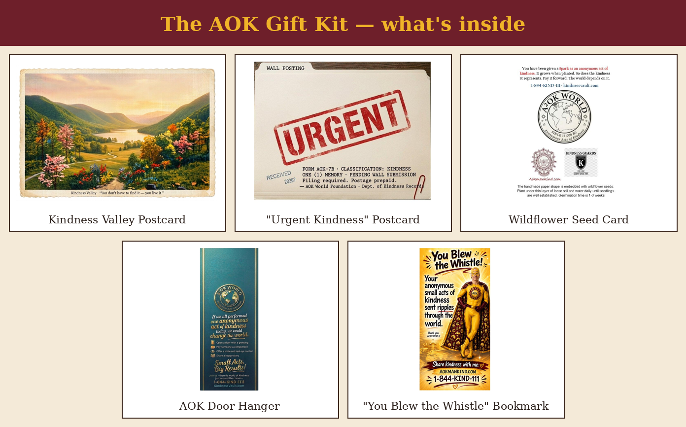The AOK Gift Kit — Kindness Valley postcard, Urgent postcard, wildflower seed card, a Spark tablet, door hanger, and bookmark