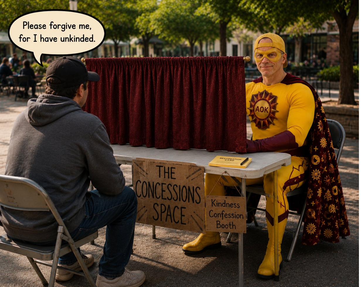 The Concessions Space booth — AOK Man at a draped card table with a confessor