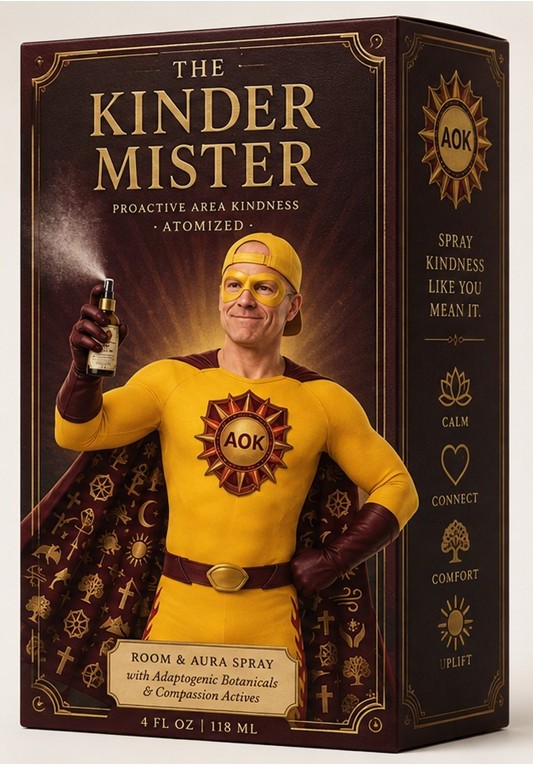 The Kinder Mister retail box — AOK Man spraying the mister, 'Spray Kindness Like You Mean It'