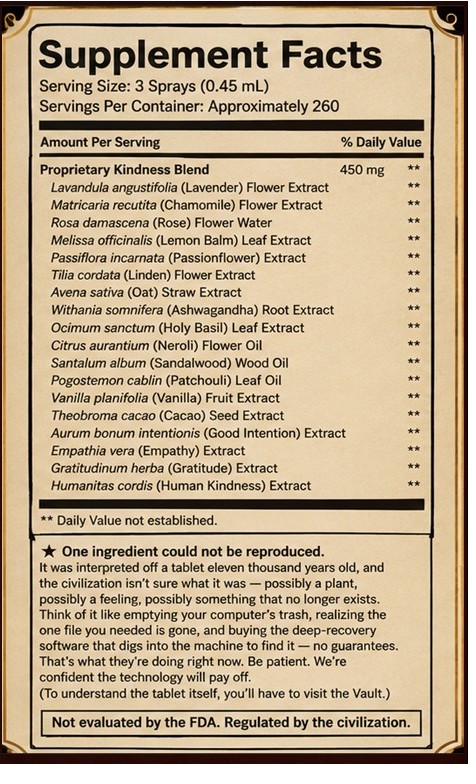 The Kinder Mister Supplement Facts panel — Proprietary Kindness Blend, the missing ingredient note, Not evaluated by the FDA, Regulated by the civilization