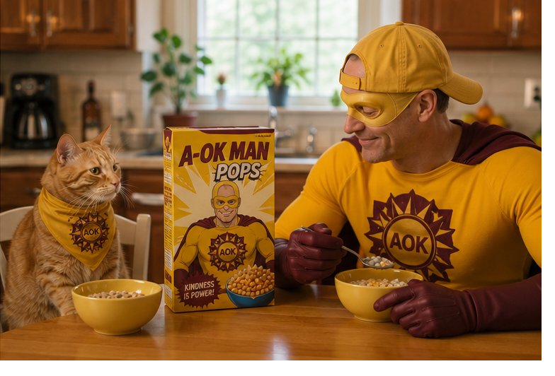 Nugget and AOK Man eating A-OK Man Pops cereal at the kitchen table