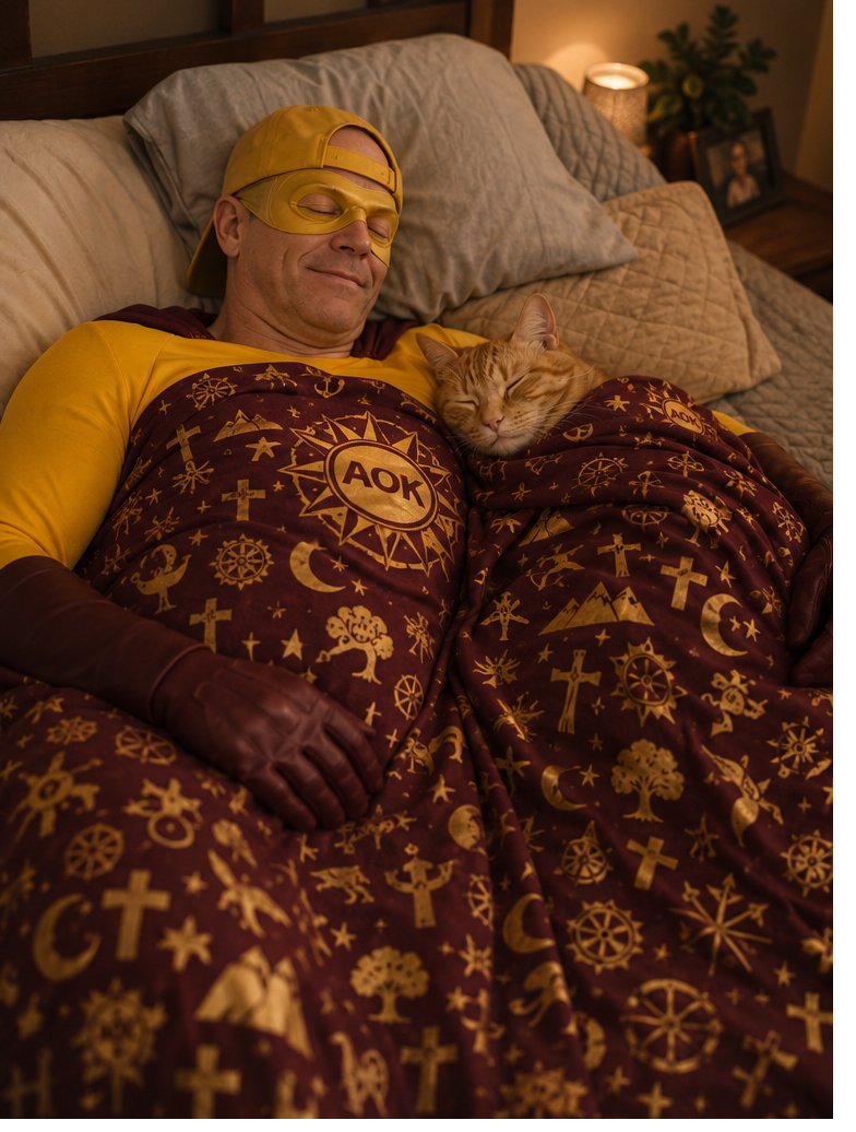 AOK Man asleep under the cape with Nugget beside him
