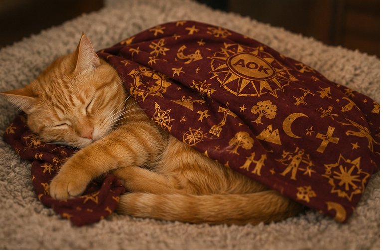 Nugget asleep wrapped in the burgundy symbol cape like a blanket