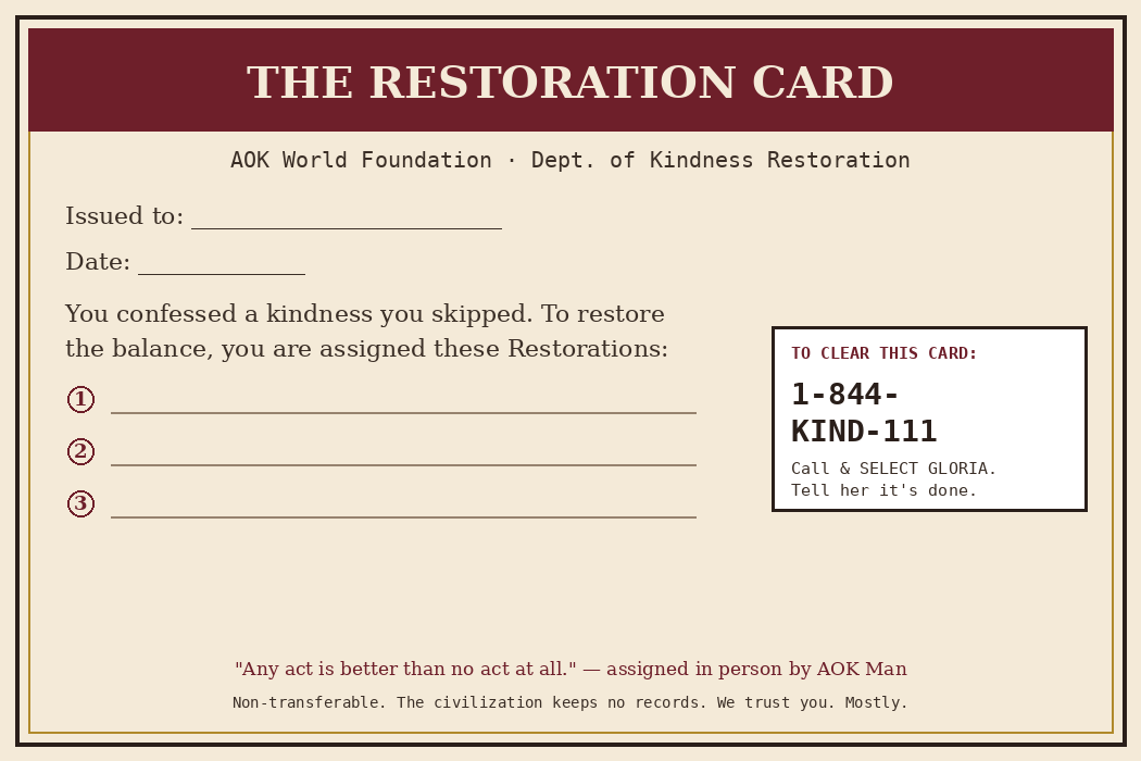 The Restoration Card — issued at the Confession Booth, with assigned Restorations and the 1-844-KIND-111 number