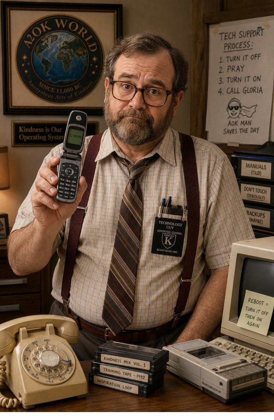 The Technology Guy holding a flip phone, rotary phone and cassettes on his desk