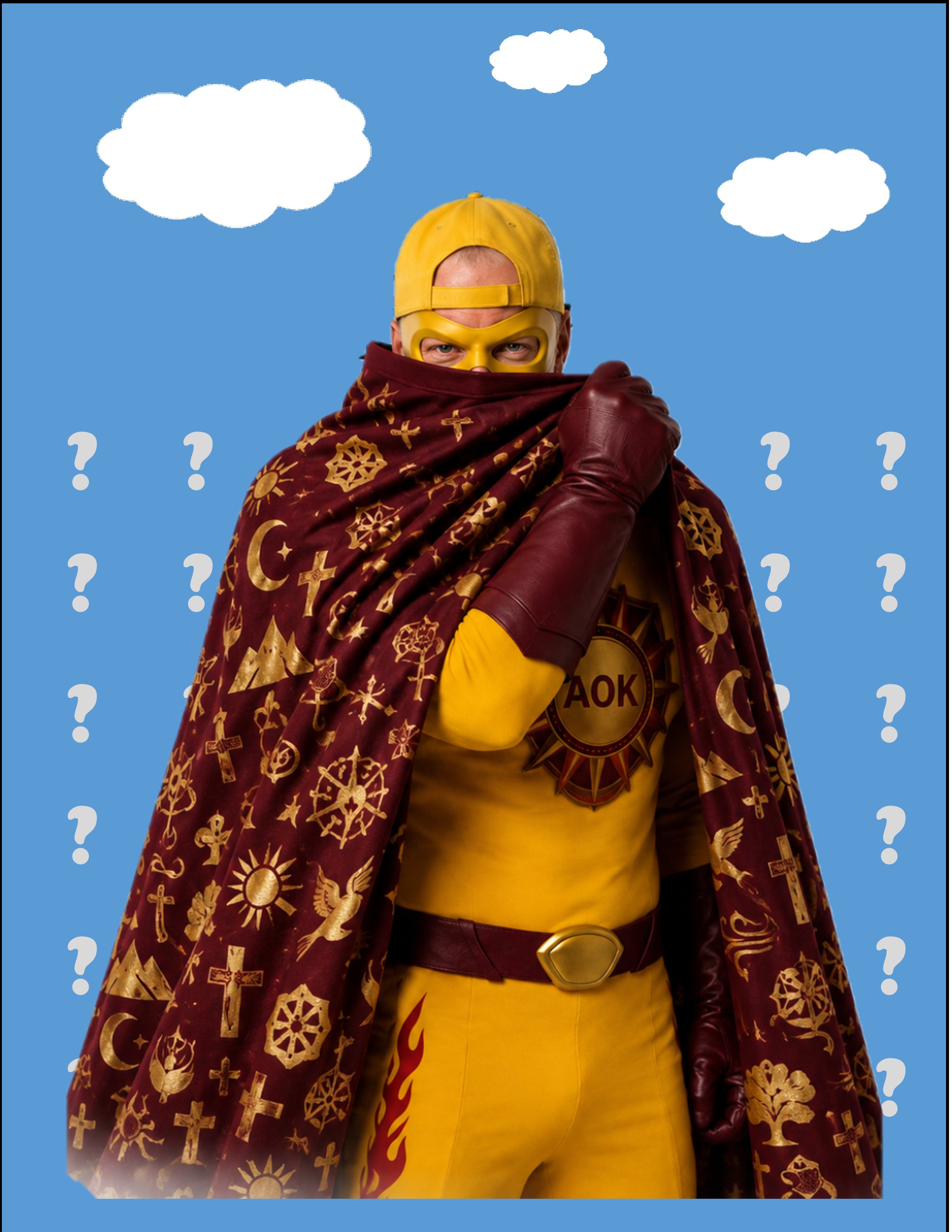 AOK Man, cape drawn across his face, question marks in the sky — who is he?